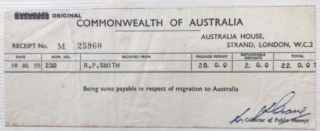 Receipt for £20 for my parents to migrate...children we free